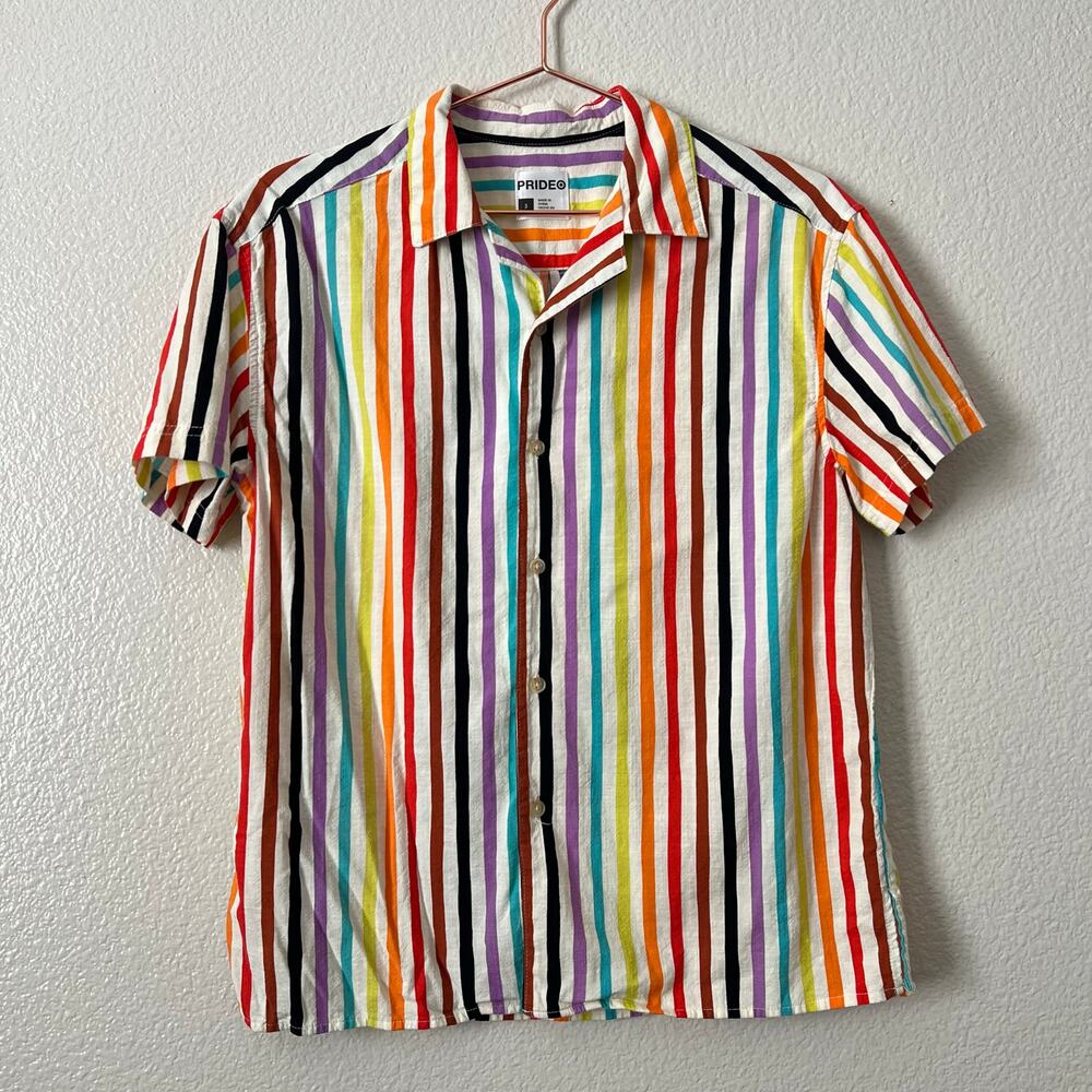 Target Pride Rainbow Vertical Stripe Button Up Collared Shirt Short Sleeves